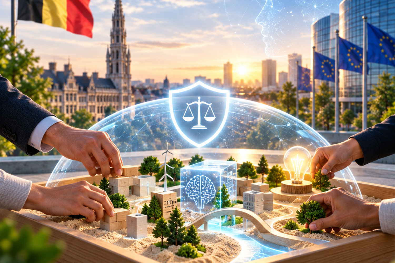 Ville durable futuriste à Bruxelles avec les drapeaux belge et européen, un symbole de protection juridique, des énergies renouvelables, des technologies de ville intelligente et un aménagement urbain collaboratif.