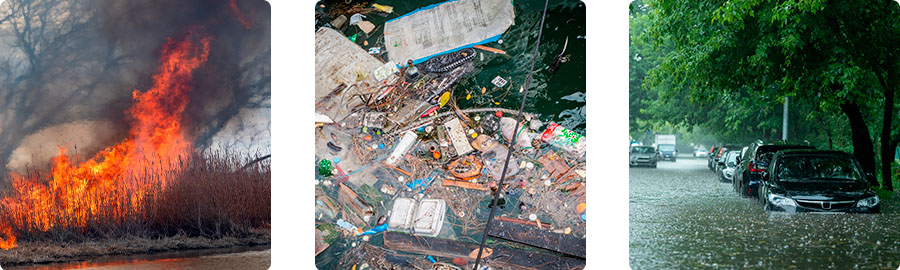 Illustration catastrophes climatiques : un feu dense de forêt, des tempêtes, une inondation.