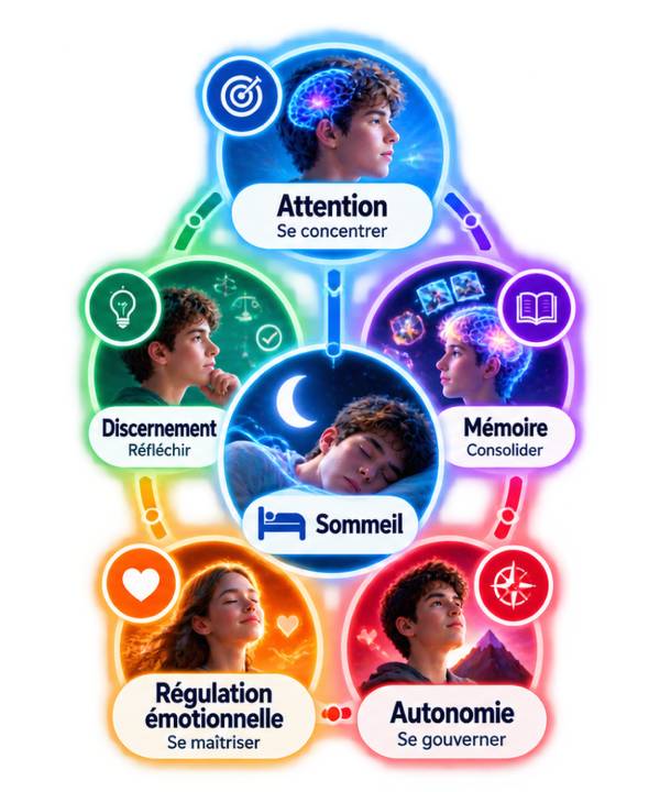 Un sommeil suffisant contribue au bon fonctionnement de cinq capacités essentielles au développement des adolescents.