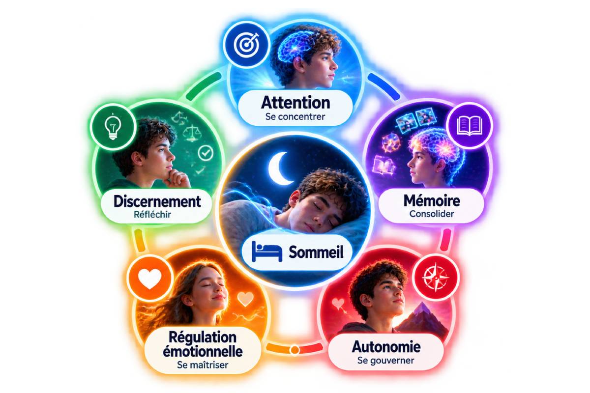 Un sommeil suffisant contribue au bon fonctionnement de cinq capacités essentielles au développement des adolescents.