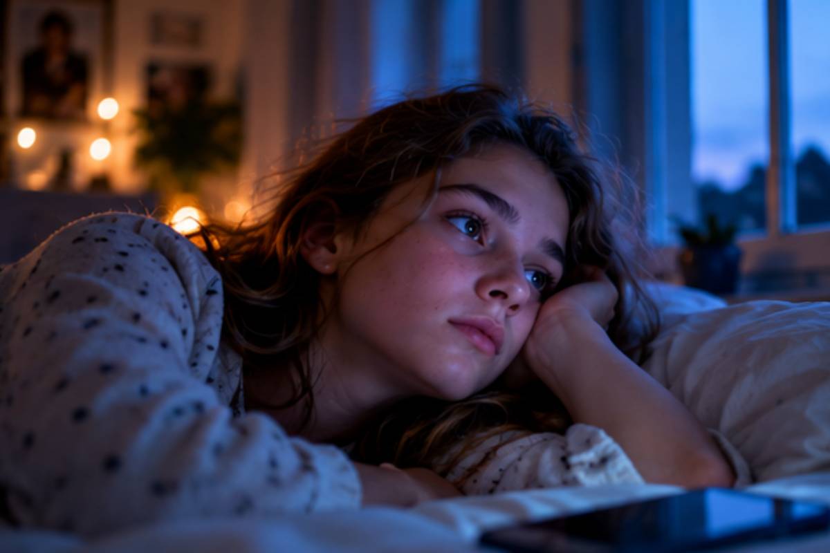 Adolescente allongée dans son lit le soir, le regard fatigué, près de son smartphone, illustrant les effets possibles des écrans tardifs sur le sommeil.