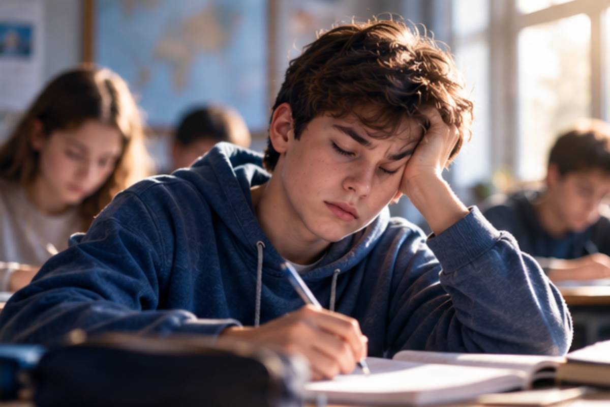 Adolescent visiblement fatigué, les yeux fermés et la tête appuyée sur une main, écrivant dans un cahier en classe, illustrant les difficultés de concentration liées au manque de sommeil.