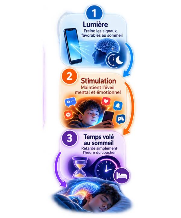 Lumière, stimulation et report du coucher : trois mécanismes distincts par lesquels les usages numériques du soir peuvent perturber le sommeil