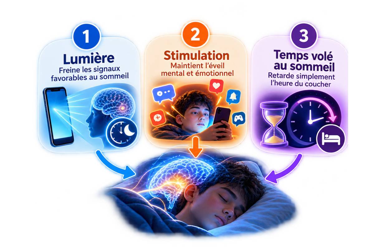Lumière, stimulation et report du coucher : trois mécanismes distincts par lesquels les usages numériques du soir peuvent perturber le sommeil