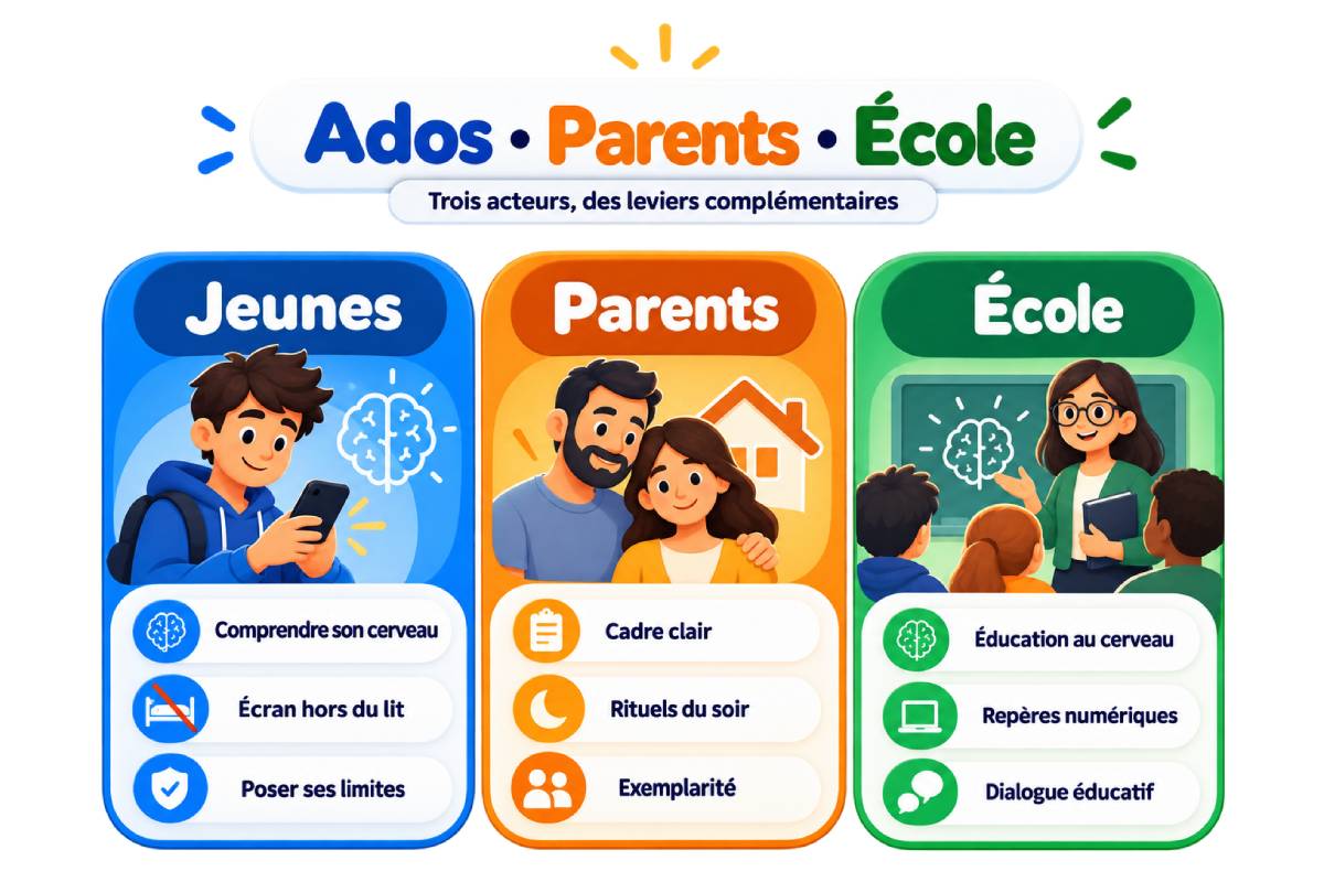Responsabilité est partagée: Ados, parents, école.