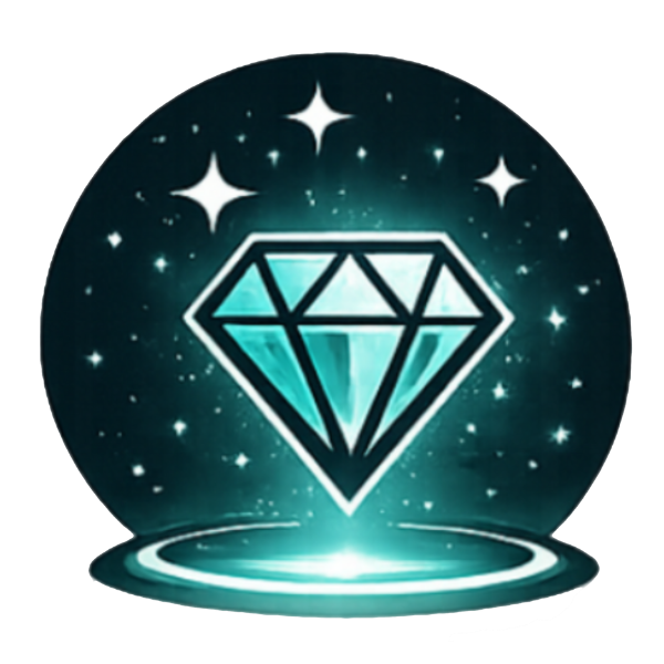 Ic&ocirc;ne stylis&eacute;e d&rsquo;un diamant lumineux flottant sur un fond &eacute;toil&eacute;, avec un halo circulaire en dessous.