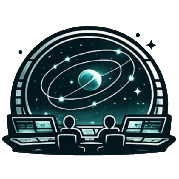 Salle de contr&ocirc;le futuriste observant l&rsquo;espace et une plan&egrave;te.