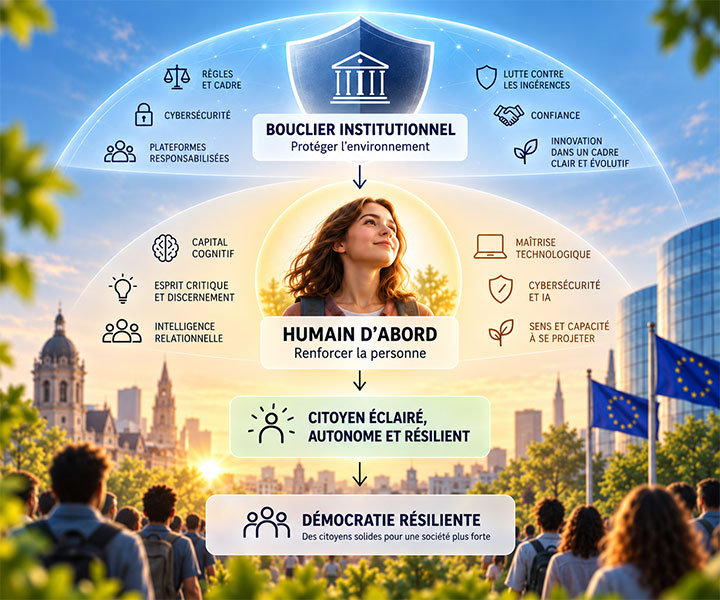 Infographie sur le bouclier institutionnel et l’humain au cœur de la société, illustrant la cybersécurité, l’intelligence artificielle, l’esprit critique, la confiance, l’innovation et la démocratie résiliente.