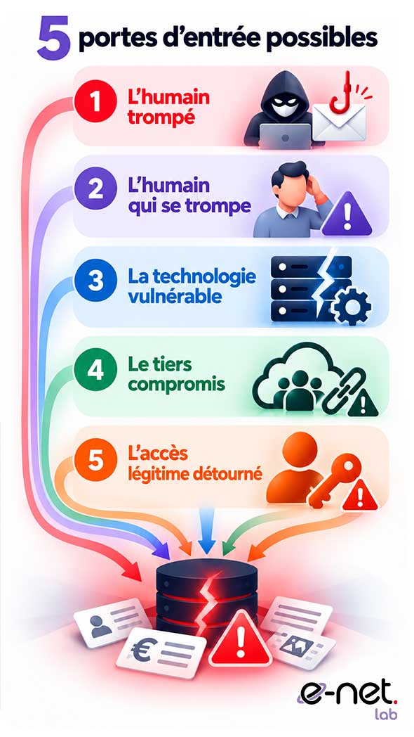 Schéma des 5 portes d’entrée d’une cyberattaque : phishing, erreur humaine, technologie vulnérable, tiers compromis et accès légitime détourné.