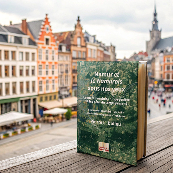Livre "Namur et le Namurois sous nos yeux" face à une place namuroise.