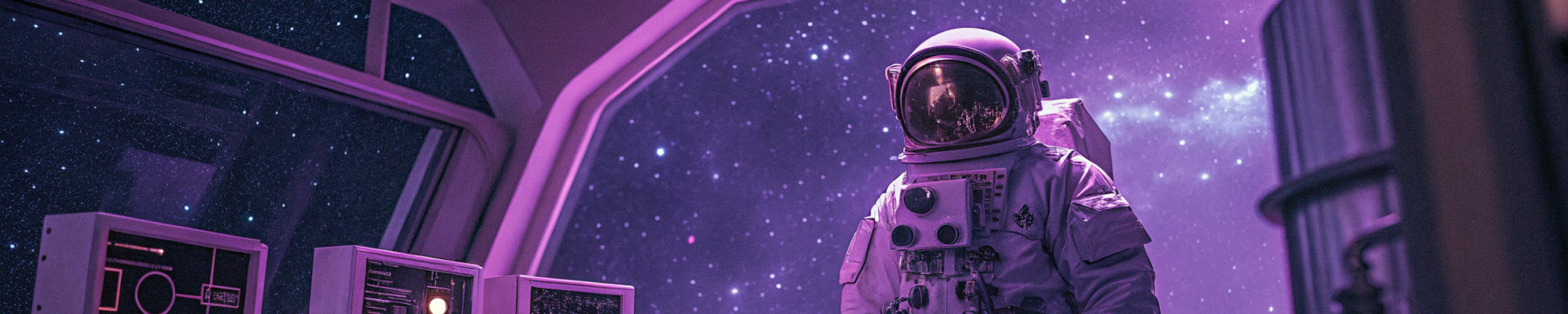 L'image montre un astronaute en combinaison spatiale à l'intérieur d'un vaisseau spatial ou d'une station spatiale. L'astronaute est équipé d'un casque spatial et se tient debout, avec une vue sur l'espace à travers une grande fenêtre derrière lui. L'espa