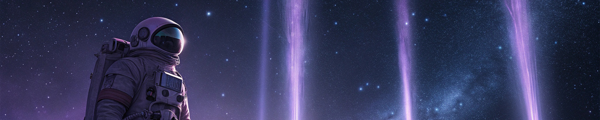 L'image montre un astronaute en combinaison spatiale, debout dans l'espace avec un fond de cosmos étoilé. L'astronaute porte un casque spatial et un sac à dos, probablement un système de support de vie. Le fond présente un ciel étoilé avec des nébuleuses 